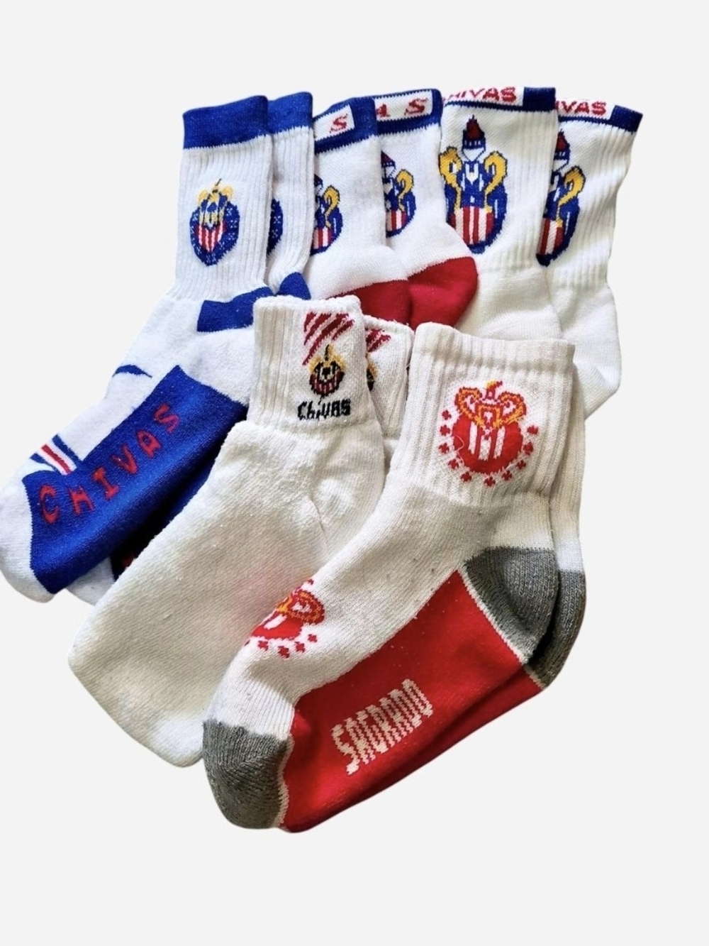 Chivas Crew Athletic Socks — White with Blue & Red Accents (5 Pairs)